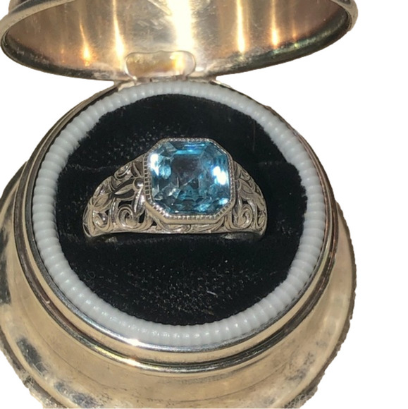Vtg Sterling Silver & Blue Square Cubic Zirconia Floral Filirgree Band Sz 6.75 - Picture 4 of 12